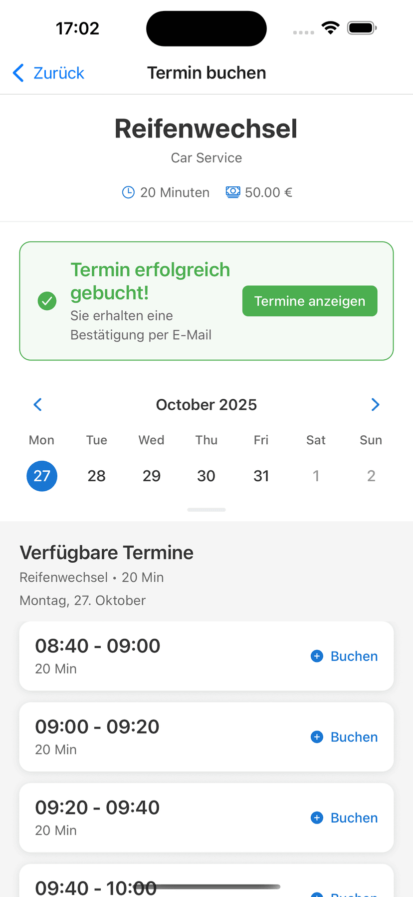 Terminbuchung in der Reserved Now App - Zeitauswahl