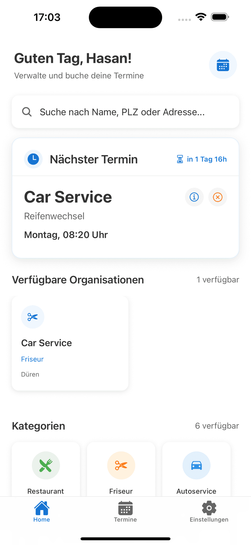Reserved Now App - Startbildschirm mit verfügbaren Terminen